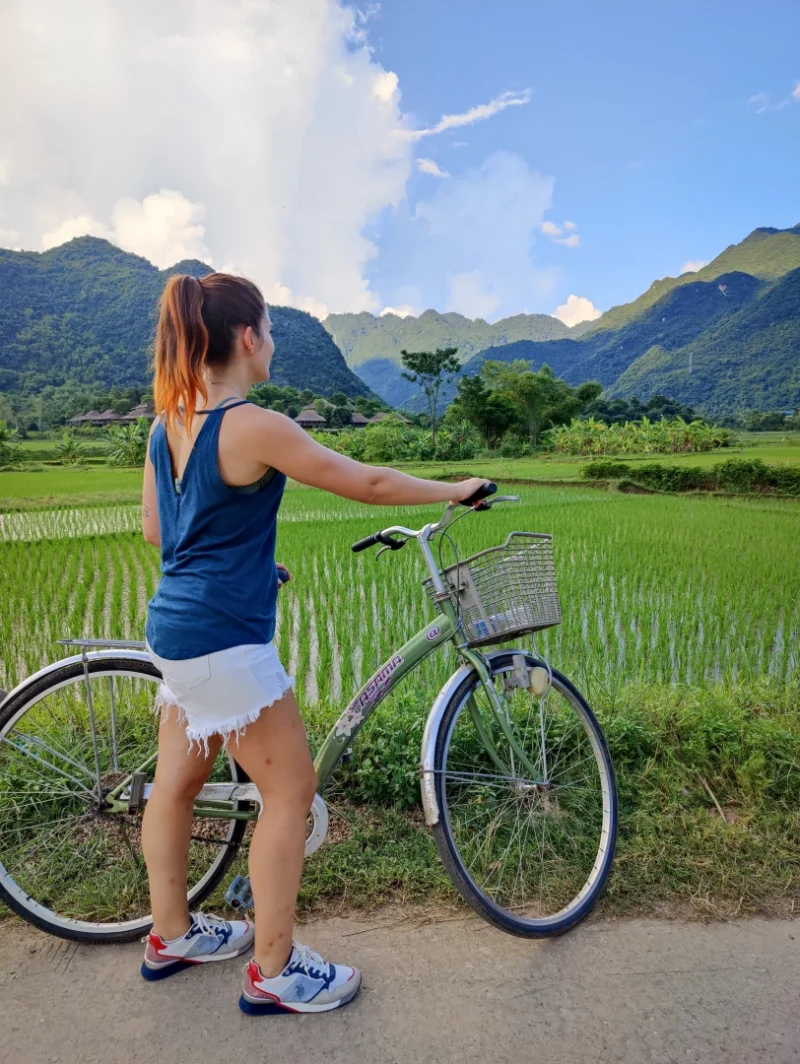 Pasear en bicicleta por arrozales